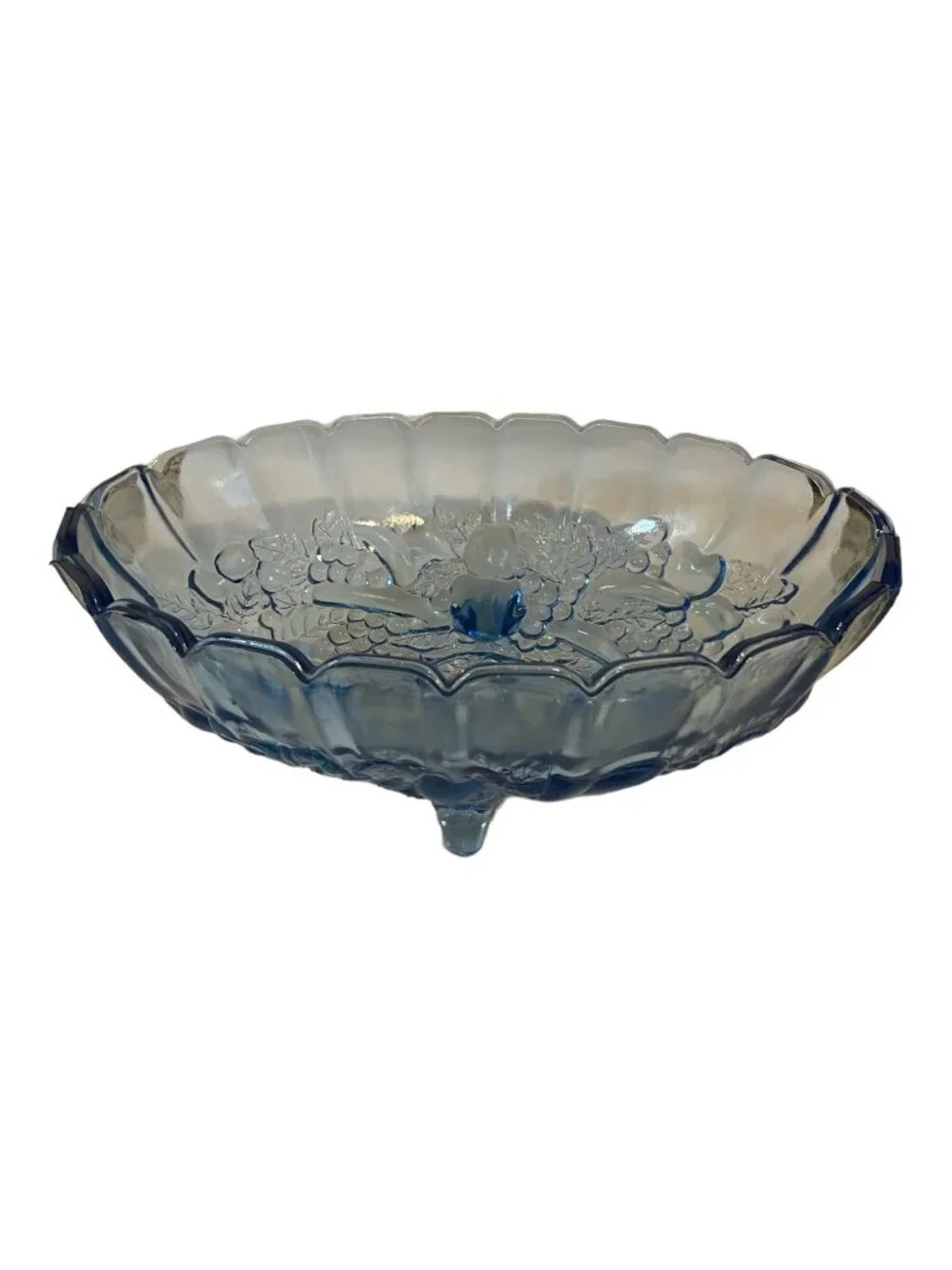 Vintage Indiana Glass Blue Harvest Grape Footed Oval Fruit Bowl Cottagecore MCM